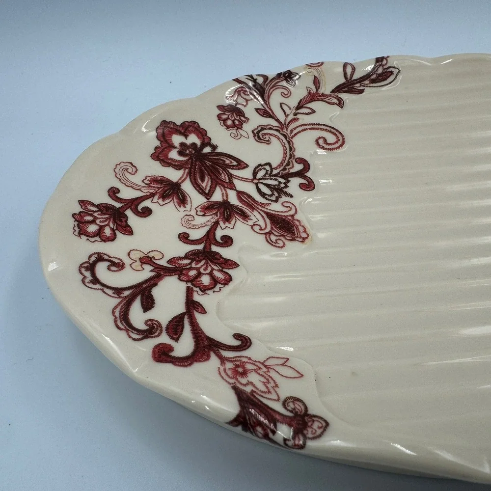 Reba Cream Ceramic Oval Serving Platter Burgundy Floral Scalloped Ribbed Serving